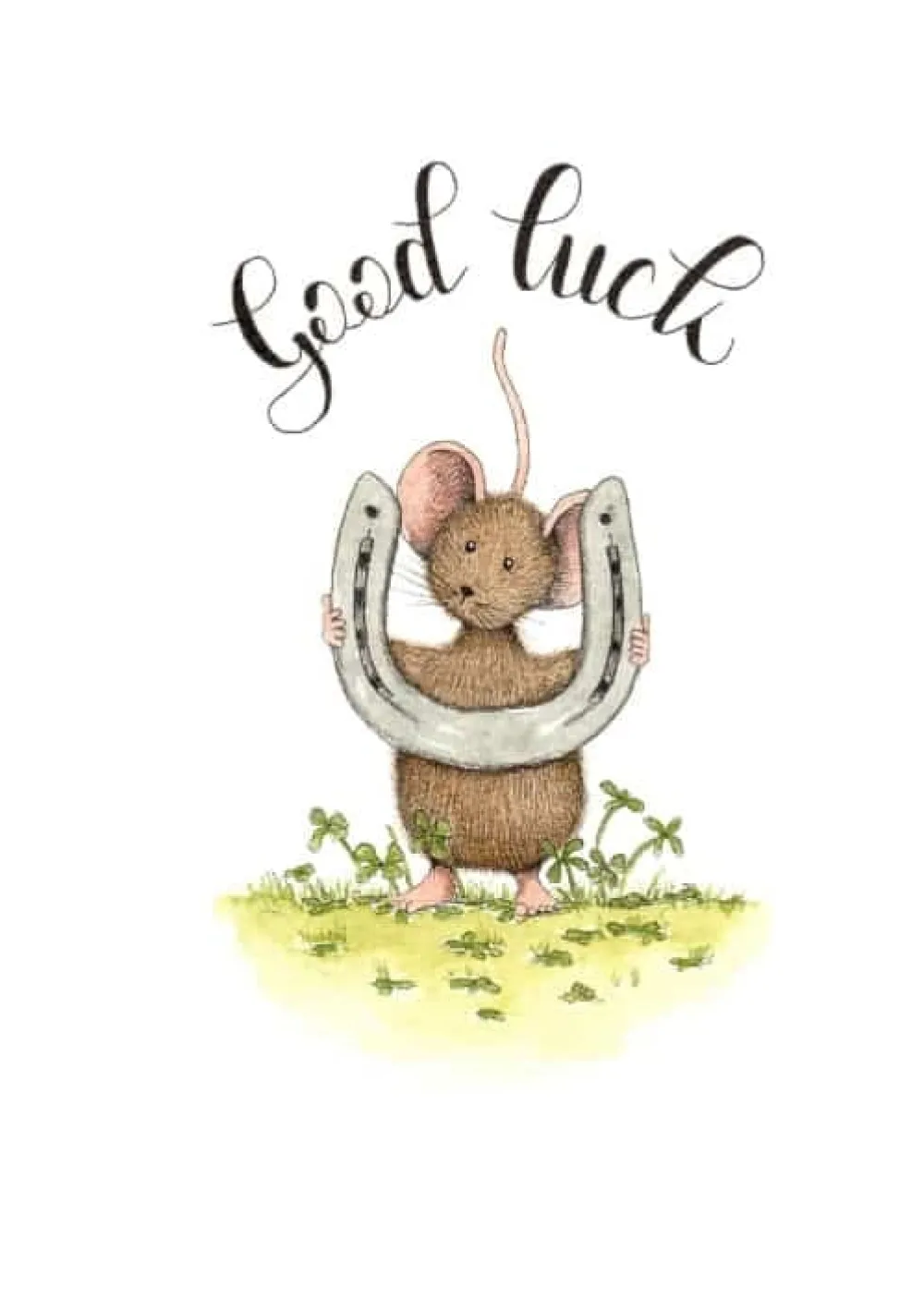 Anillustration Wenskaarten^Ansichtkaart Muis met hoefijzer good luck
