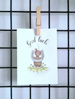 Anillustration Wenskaarten^Ansichtkaart Muis met hoefijzer good luck