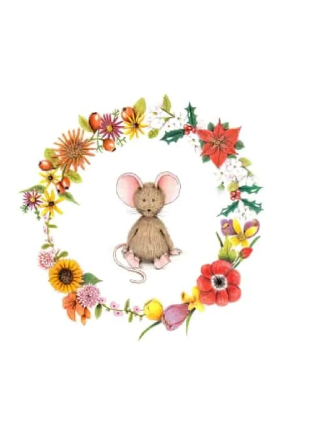 Anillustration Wenskaarten^Ansichtkaart Muisje in bloemenkrans