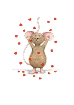 Anillustration Wenskaarten^Ansichtkaart Muisje gooit hartjes in de lucht