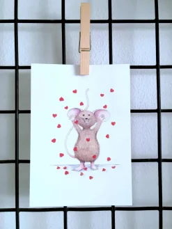 Anillustration Wenskaarten^Ansichtkaart Muisje gooit hartjes in de lucht