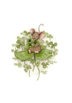 Anillustration Wenskaarten^Ansichtkaart Muis op/met klavertje vier