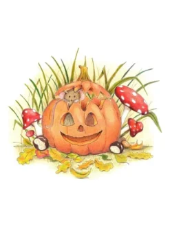 Anillustration Wenskaarten^Ansichtkaart Muisje in pompoen