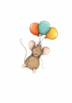 Anillustration Wenskaarten^Ansichtkaart Muisje hangt aan ballonnen