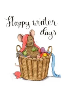 Anillustration Wenskaarten^Ansichtkaart Muisje in mand winterkleding