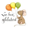 Anillustration Wenskaarten^Ansichtkaart Muis met drie ballonnen vast