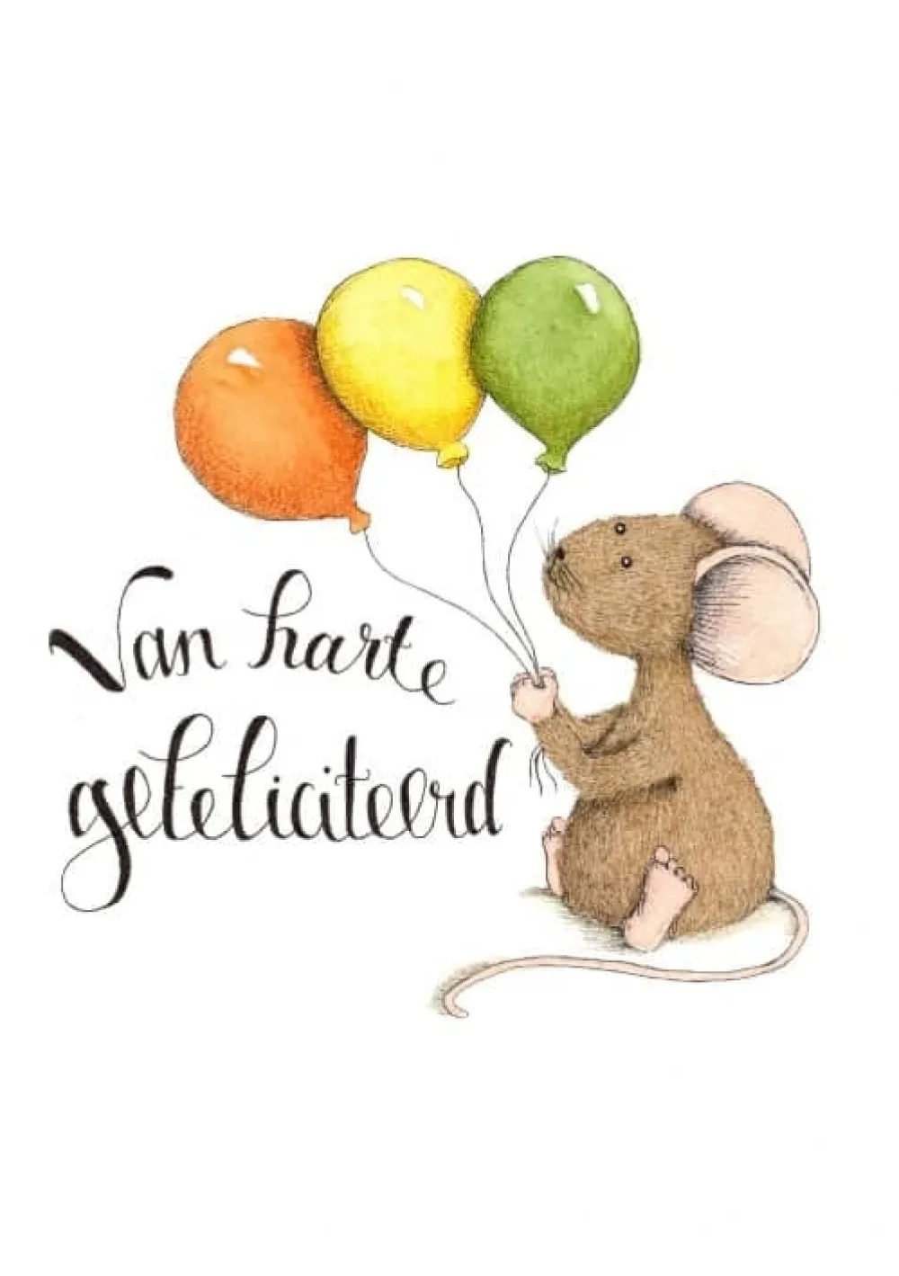 Anillustration Wenskaarten^Ansichtkaart Muis met drie ballonnen vast