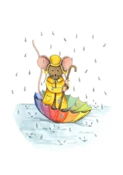 Anillustration Wenskaarten^Ansichtkaart Muisje varen in paraplu