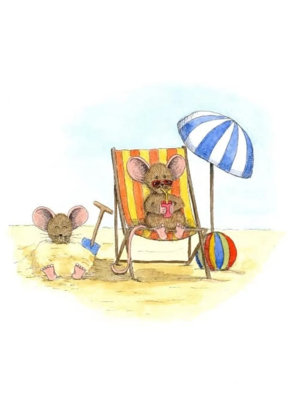 Anillustration Wenskaarten^Ansichtkaart Muisje aan het strand zonnebaden