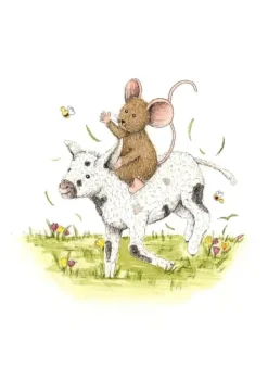 Anillustration Wenskaarten^Ansichtkaart Muisje zit op lammetje