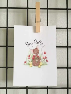 Anillustration Wenskaarten^Ansichtkaart Hey hallo muisje met tulpen