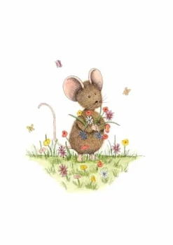 Anillustration Wenskaarten^Ansichtkaart Muisje in bloemenveld