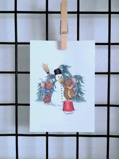 Anillustration Wenskaarten^Ansichtkaart Muisjes maken sneeuwpop