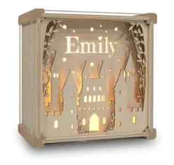 Het Houtlokael Lampen|Kraamcadeaus^Naamlamp 3D Kasteel Hout