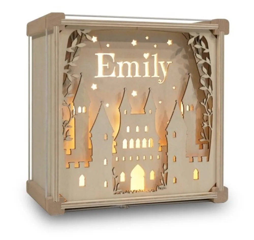 Het Houtlokael Lampen|Kraamcadeaus^Naamlamp 3D Kasteel Hout