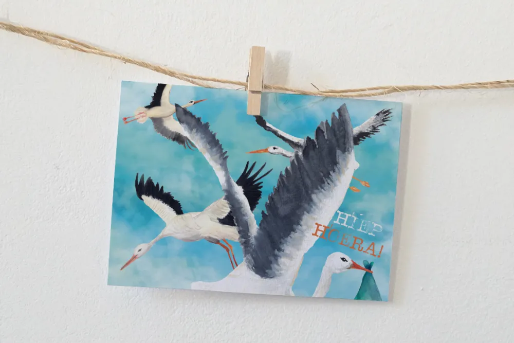 Lotte Drouen Wenskaarten^Ansichtkaart Hiep hiep hoera ooievaar