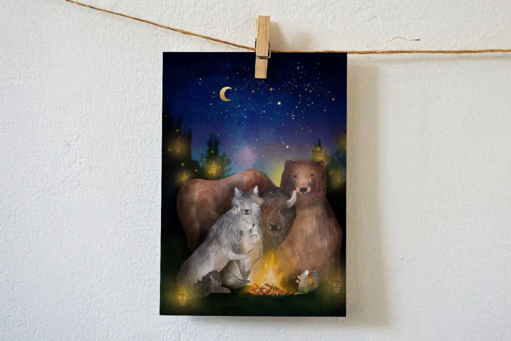 Lotte Drouen Wenskaarten^Ansichtkaart Kampvuur met Wilde Dieren